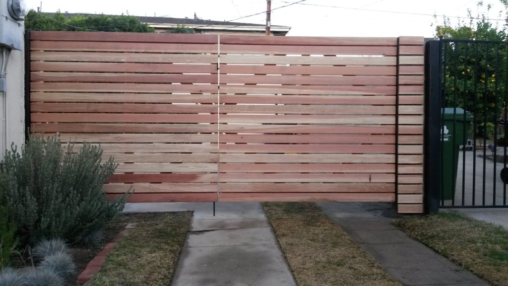 1x4 horizontal Redwood Double Swinger Driveway Gate front view