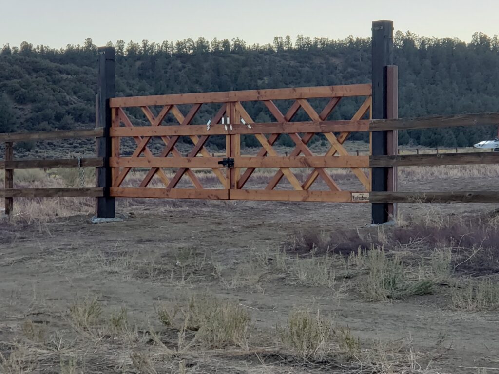 16' Wide No-Sag Double Swinger Wood Driveway Gate, Treated + Reinforced Old Wood Posts, SoCal Mountains, 3 of 4, Built & Stained by WoodFenceExpert.com